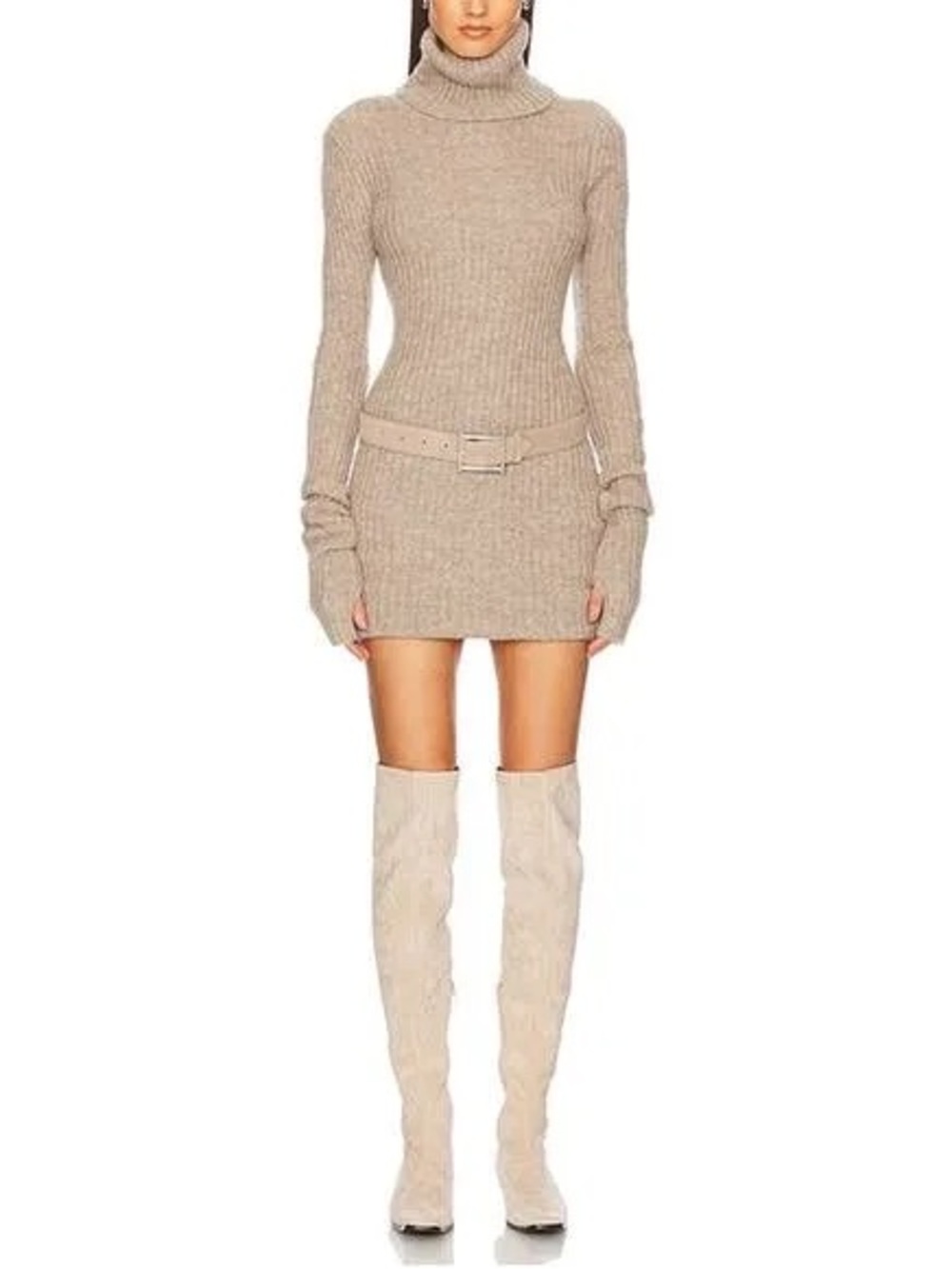 Helsa Beige Turtleneck Dress w/ Belt, S